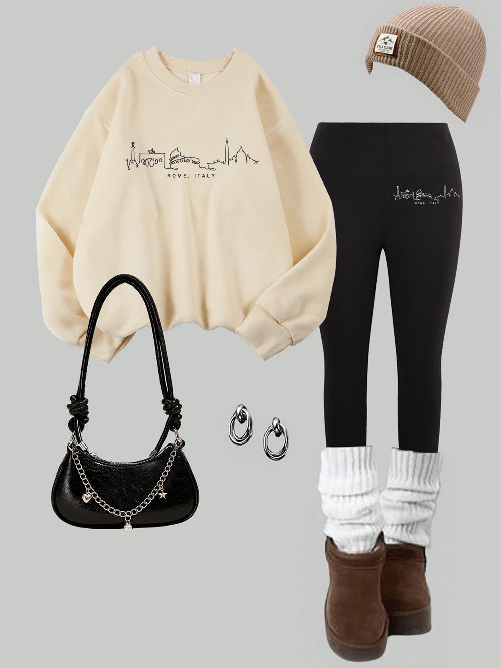 Set Legging dan Sweatshirt Wanita 2 Potong dengan Cetakan Roma Italia Colosseum, Pakaian Musim Dingin Hangat dan Nyaman untuk Wanita