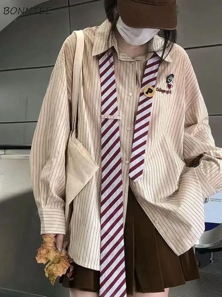 

Рубашки в полоску, женские рубашки в консервативном стиле, винтажные свободные шикарные уличные топы BF с длинными рукавами, модные топы Ulzzang в стиле Харадзюку, простые универсальные