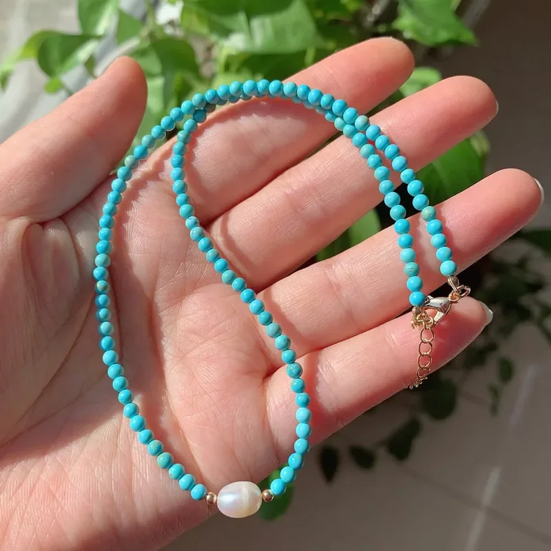 Healing Jewelry 3mm Small Round Gems Stone Blue Turquoises Choker Necklace Natural Freshwater Pearl Charm Short Necklace Femme