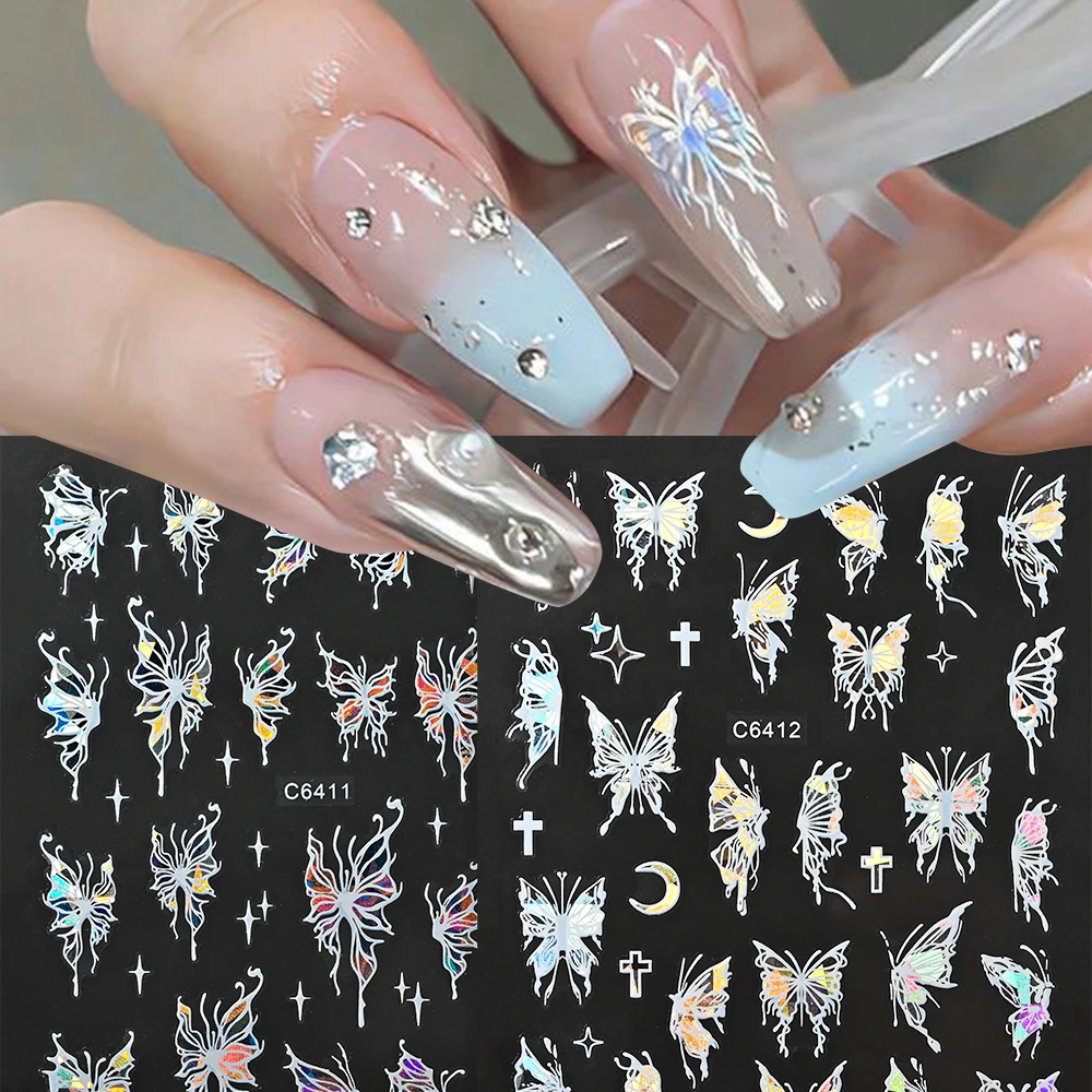 Pegatinas de uñas holográficas de mariposa láser negra 3D, calcomanía de estrella de mariposa de ala blanca Y2K, encantos de uñas, decoración de manicura coreana