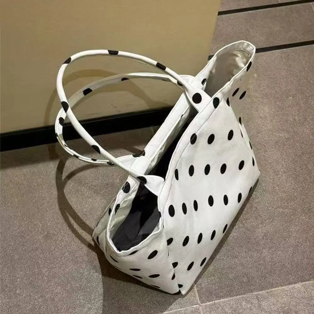 Polka Dot Print Canvas Tote Bag Stripes Print Canvas Material Large Capacity Tote Large Capacity Check Print Polka Dot Bag