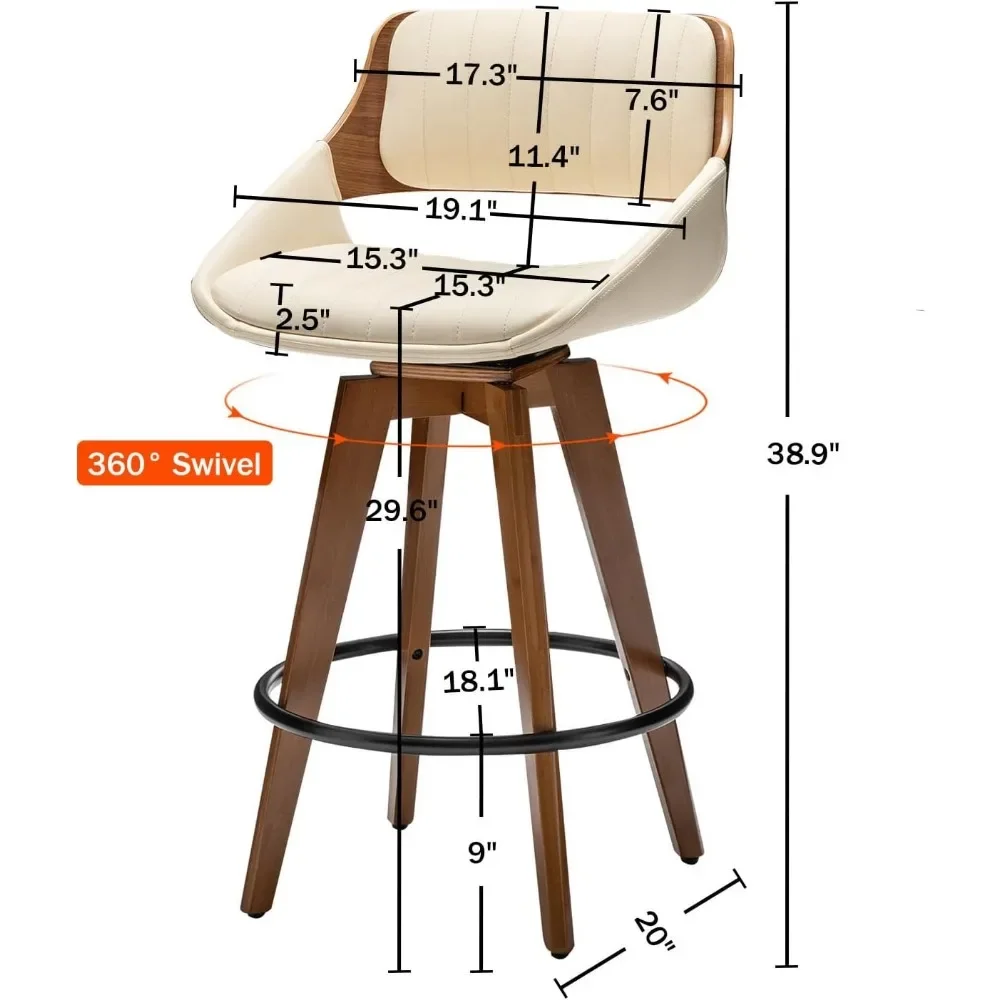 Draaibare Barkrukken Van 2 Moderne Faux Lederen Gestoffeerde Barkrukken Uit Het Midden Van De Eeuw, Barkrukken Met Keukeneilandbar, 29.5-Inch