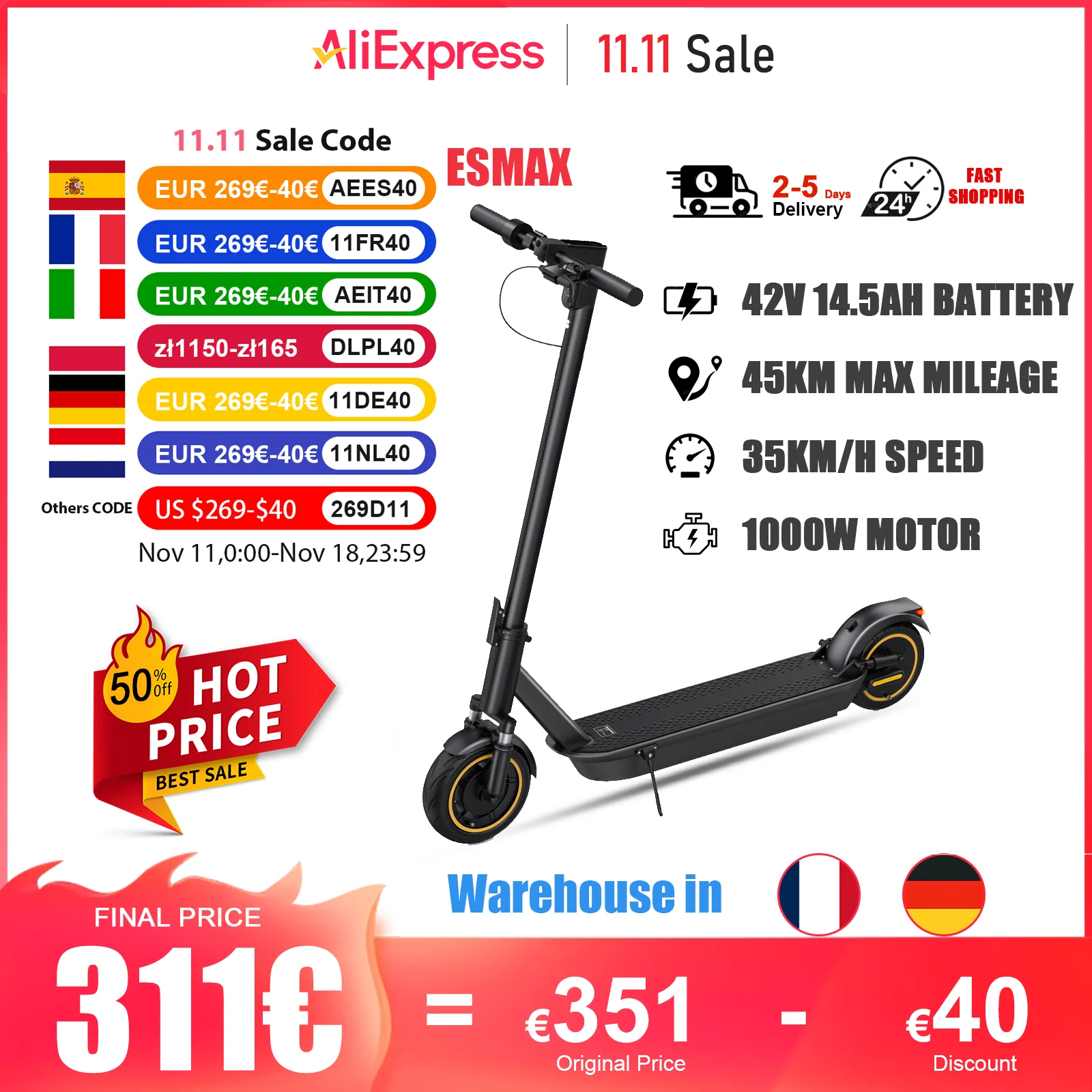 ATSANT ESMAX Adult Electric Scooter 1000W Powerful Motor 45KM Long Range 35KM/H 42V 14.5Ah With APP Foldable Electric Scooter