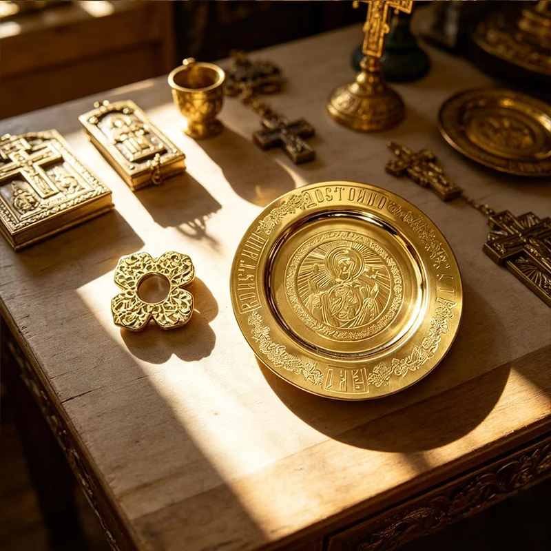 Gold Metal Orthodox Icon Plate Set with Ornate Cross in Gift Box for Home Altar Decoration Church Supplies Christian Gift 15cm