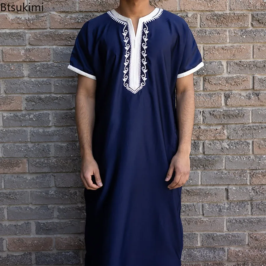 2024 männer Stickerei Lose Muslimischen kurzarm Abayas Atmungsaktive Casual Ethnischen Stil Lange Shirts Arabischen Islamischen Männer Jubba Thobe