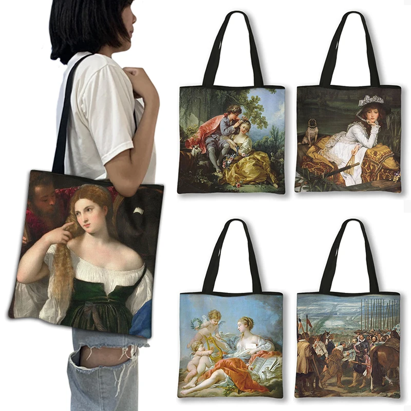 

Francois Boucher / Tiziano Vecellio Oil Painting Shoulder Bag Women Totes Bags Rokeby Venus Large Capacity Reusable Shopping Bag