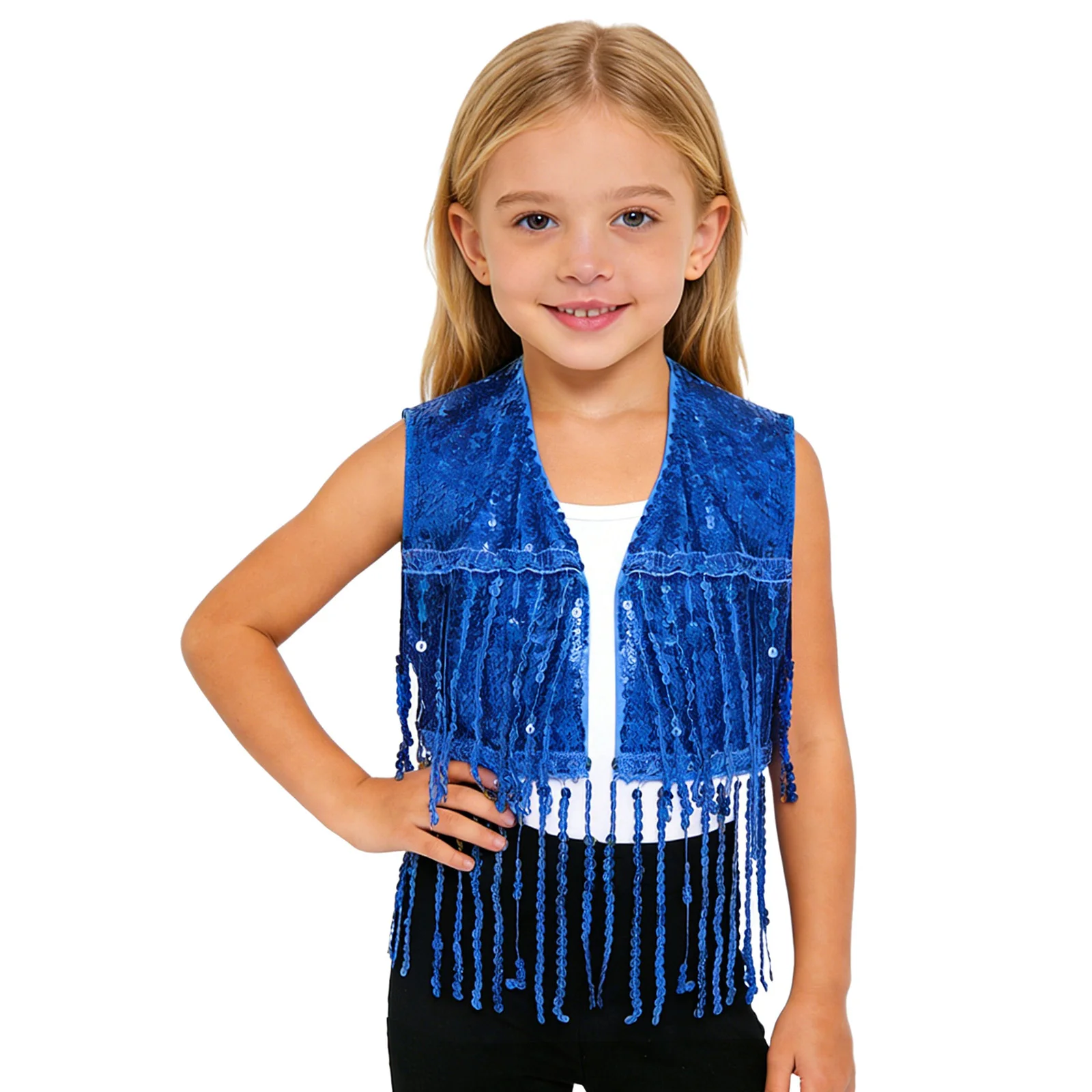 

Kids Girls Sparkly Sequins Tassel Vest Tops Sleeveless Open Front Fringed Crop Top Waistcoat for Jazz Dance Cha-Cha Performance