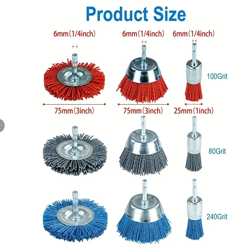 Abrasive Brushes 1/4 Inch Hex Shank 9-Piece Set  Abrasive Wire Brush Wheel Nylon Filament Drill Wheel Cup Brush Versatile