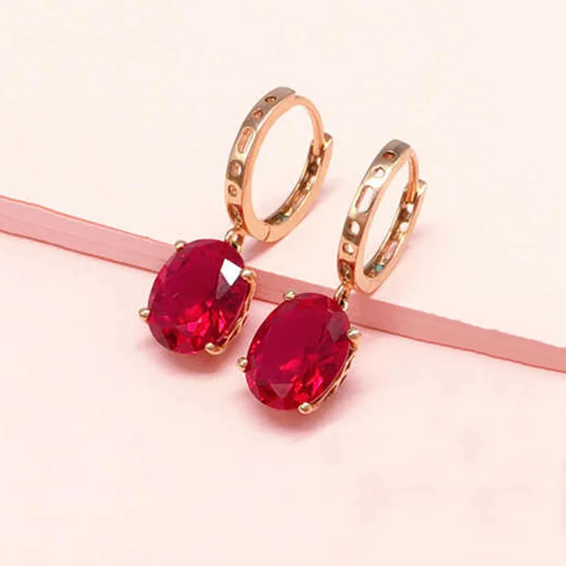 585 purple gold plated 14K rose gold inlaid oval simple ruby earrings for women elegant glamour party evening jewelry