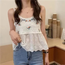 Women Embroidery Floral Camis Crop Tops O Neck Summer Crochet Sweet Sling Spaghetti Strap Daily Wear Beach Date Shopping