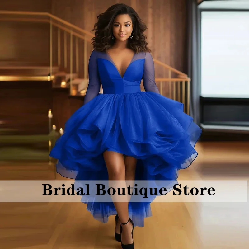 Royal Blue Deep V Neck Prom Dress Sheer Long Sleeves Tulle High Low Evening Gowns Women Formal Party Dress Robe De Soiree