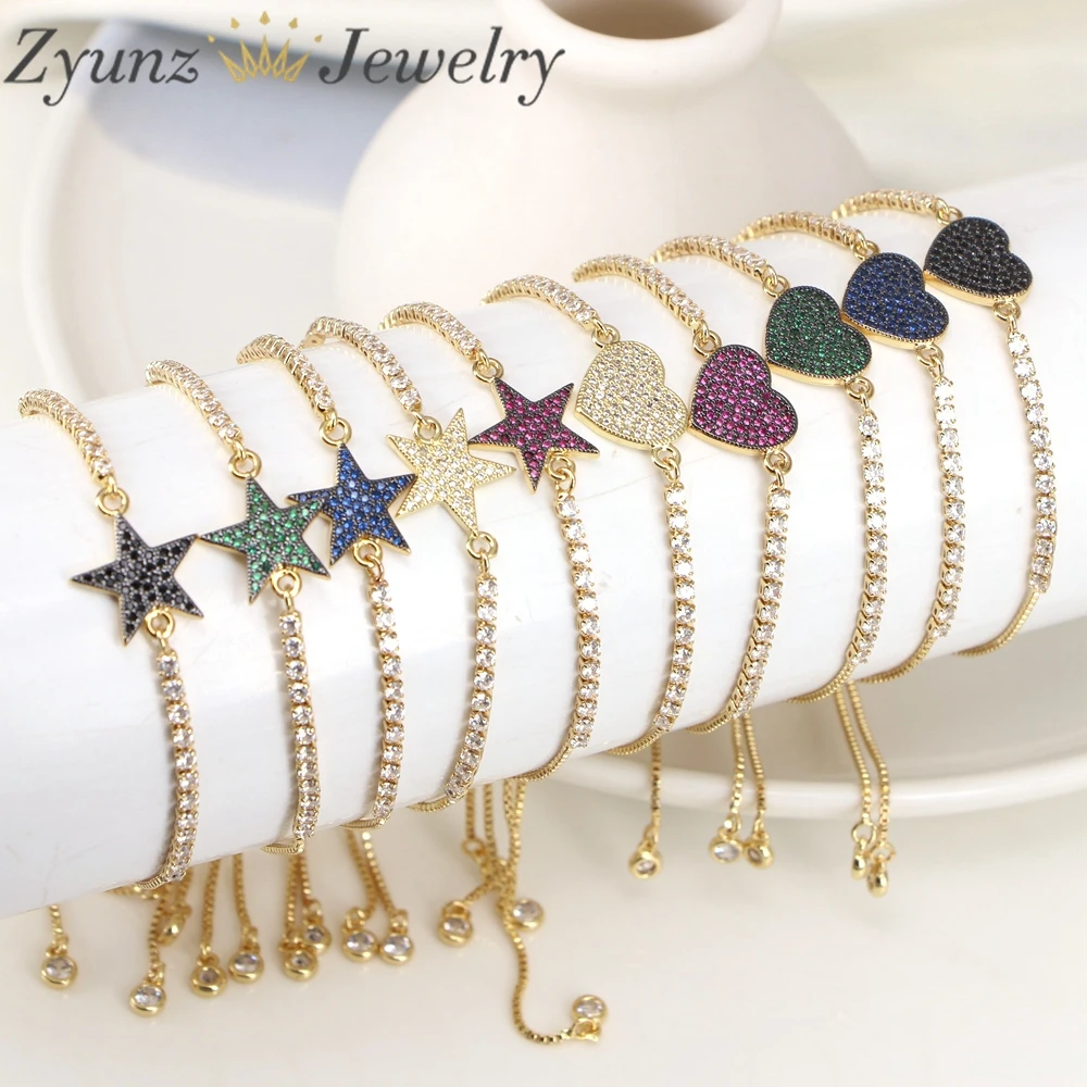 10PCS,2023 New Fashion Heart Jewelry For Women Girl 3mm CZ Tennis Chain Star Charm Colorful Zircon Bracelet Valentine's Day Gift