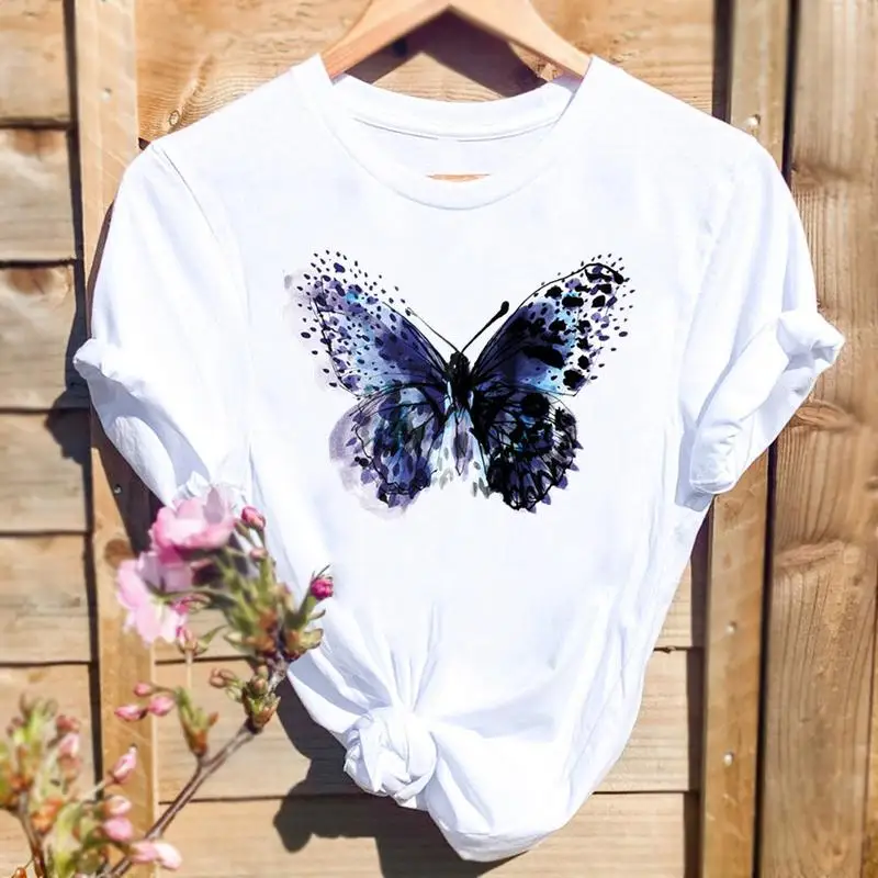 Female Tees Y2k White Women Butterfly 90s Trend Cute 2023 Fashion Graphic T-Shirt Top Cartoon Short Sleeve Summer Print T Shirt