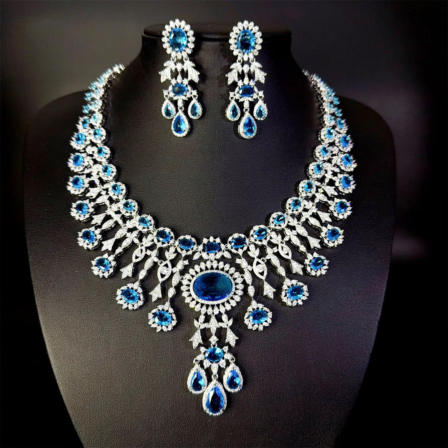

Royal Flame Blue Crystal Set Baroque Necklace and Earrings for Gala Queen Style Zirona African Jewelry Set