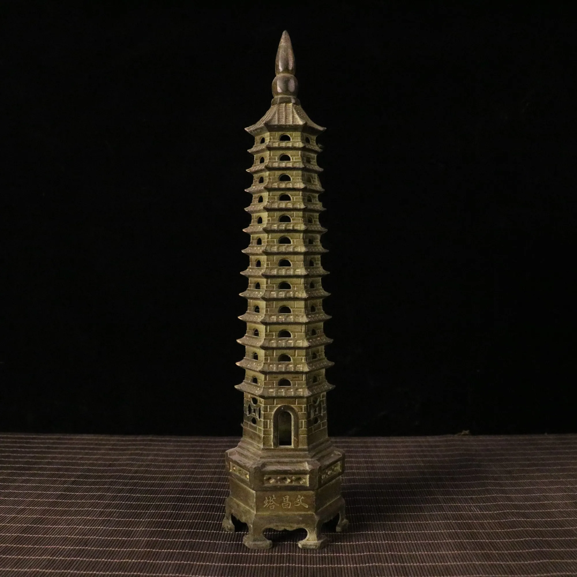 

12"Tibetan Temple Collection Old Brass Wenchang Tower 13th Wenchang Pagoda Tower Pagoda Worship Hall Town house Exorcism