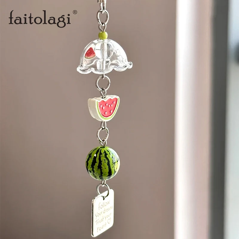 LLavero de carillón de viento de manzana y sandía 3D, llavero con colgante de la suerte de fruta y estrella Y2K, llavero con abalorio CCD para teléfono con cuentas de fruta Kawaii, regalo