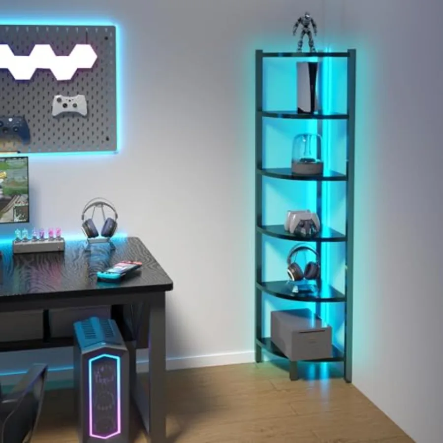 Corner Shelf with LED Lights, 6-Tier Corner Bookshelf, 66'' Organizer Book Shelf Shelves Steel Frame Display Stand with Living