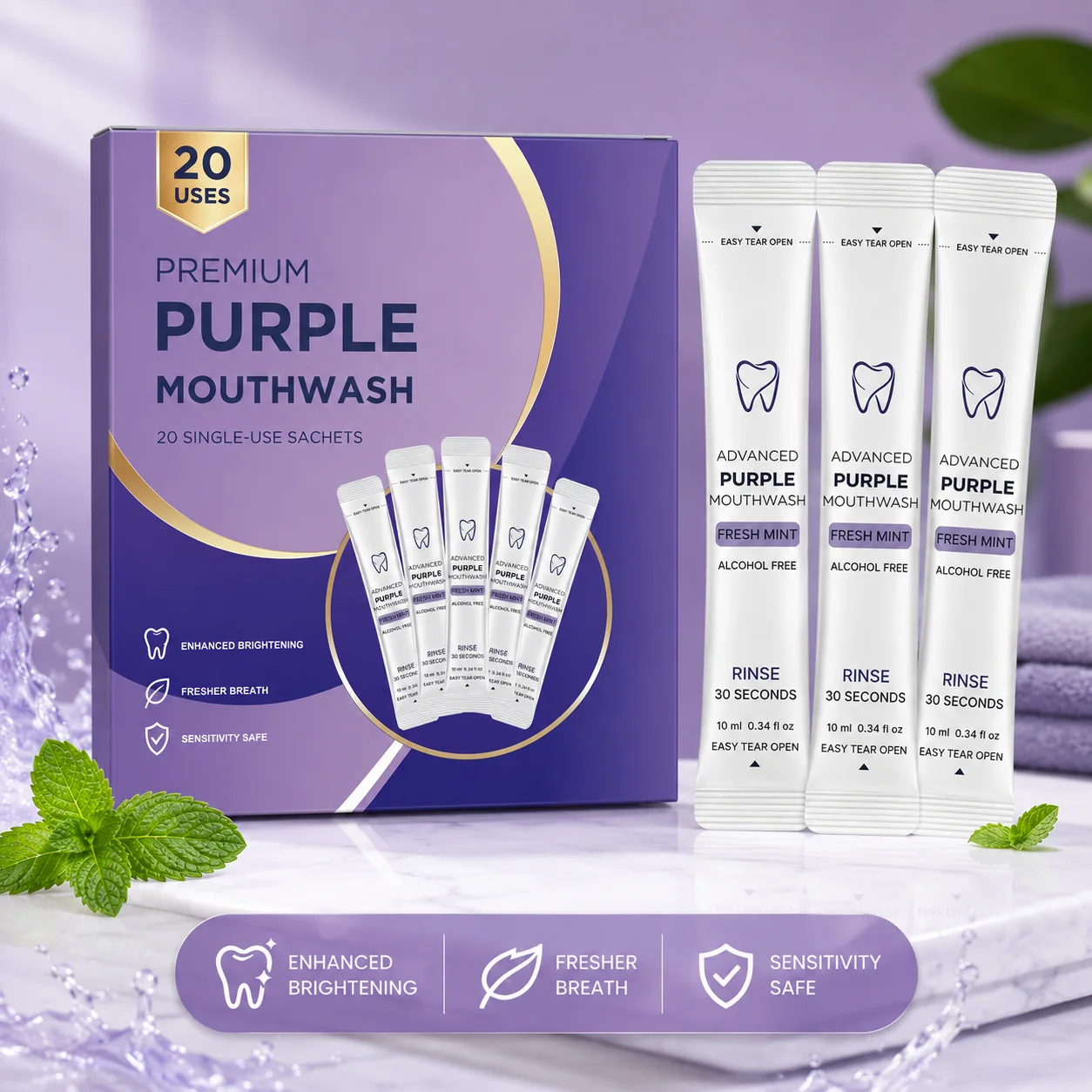 Purple Whitening Mouthwash Correct Teeth Color Reduce Yellowing Fresh Breath Protect Gum Health Dating Travel Portable Mouthwash