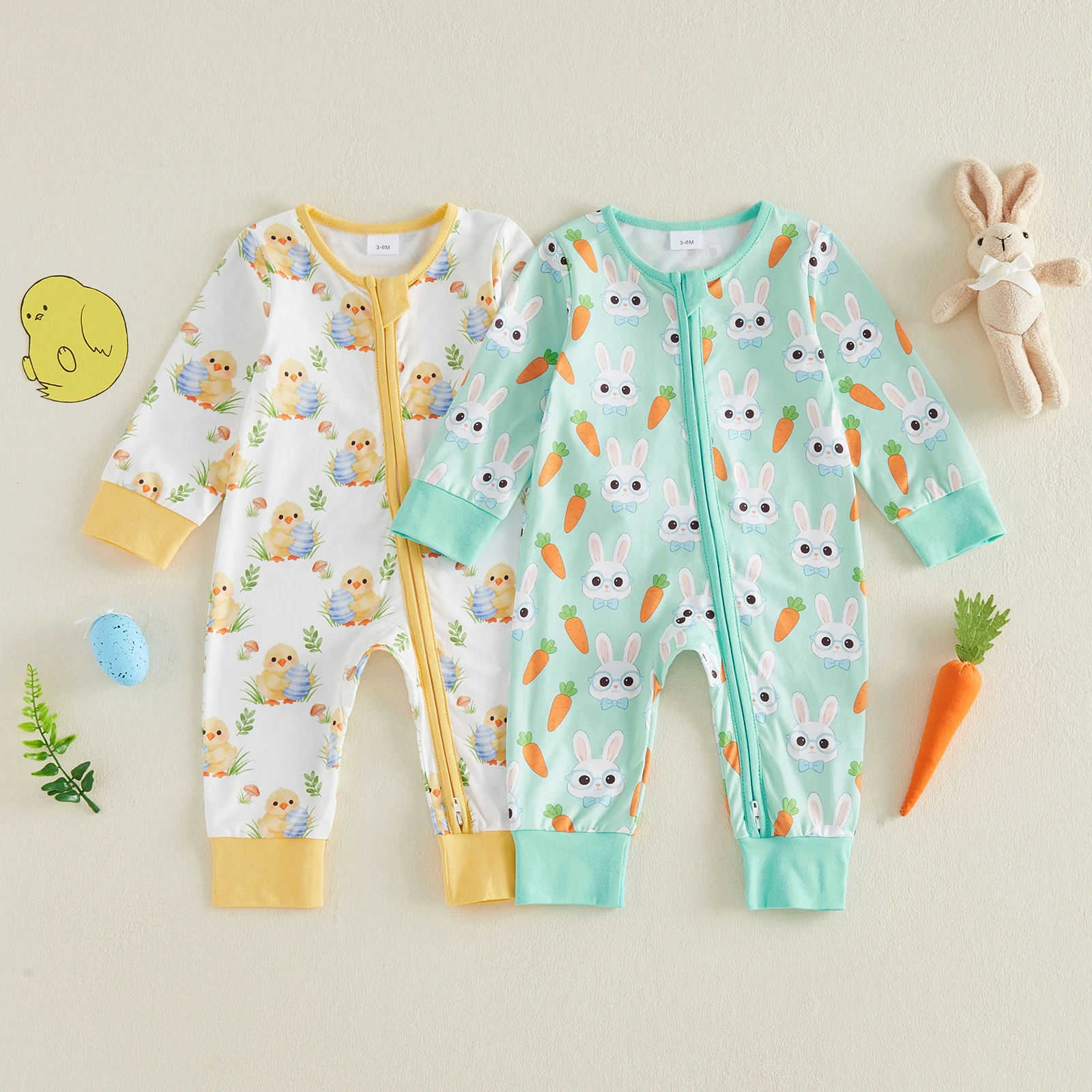 Spring Easter Infant Baby Girl Boy Romper Egg Bunny Carrot Long Sleeve Zip-up Jumpsuit Cute Clothes