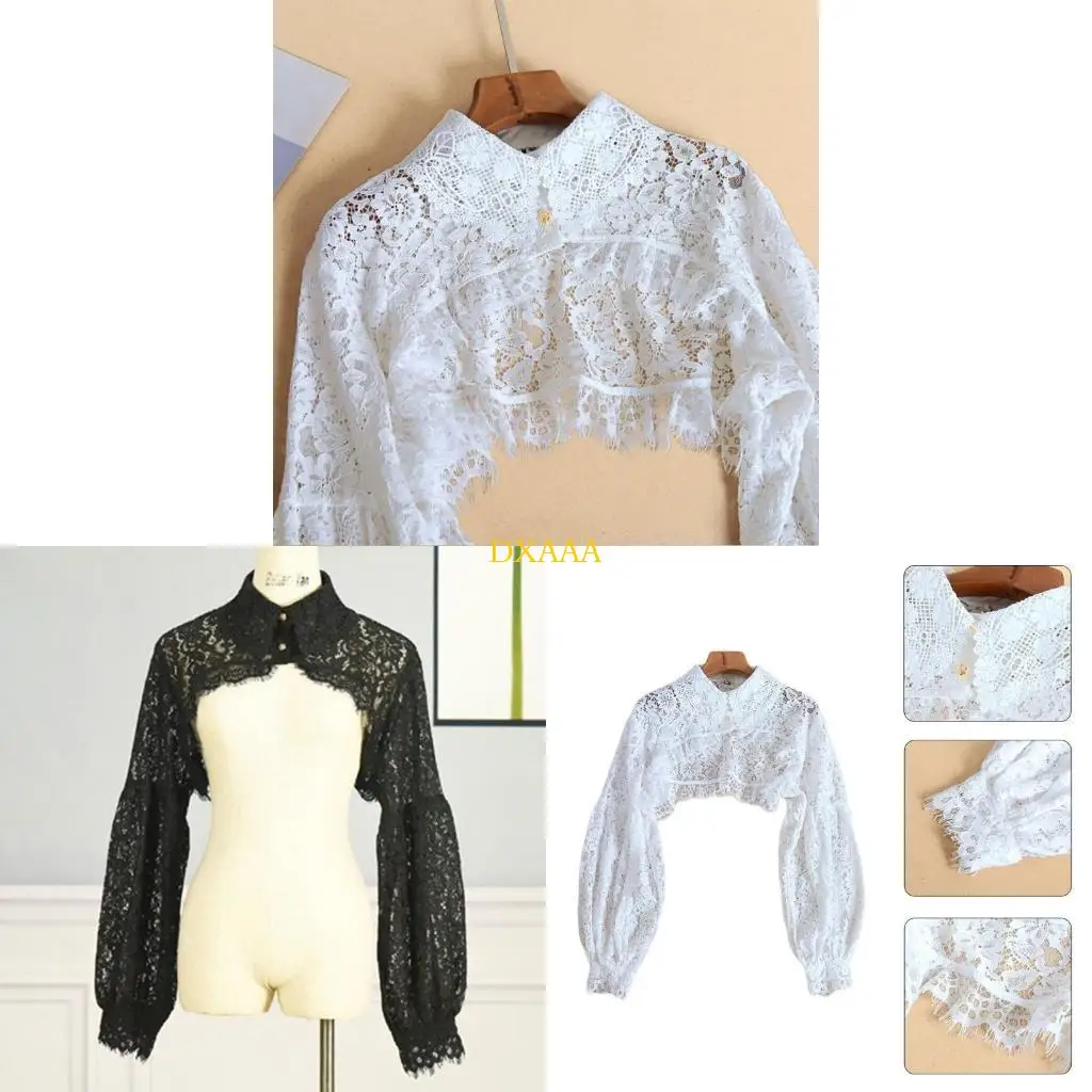 

DXAA Женская укороченная рубашка с длинным рукавом-фонариком и искусственным воротником, с цветочными кружевами и ресницами