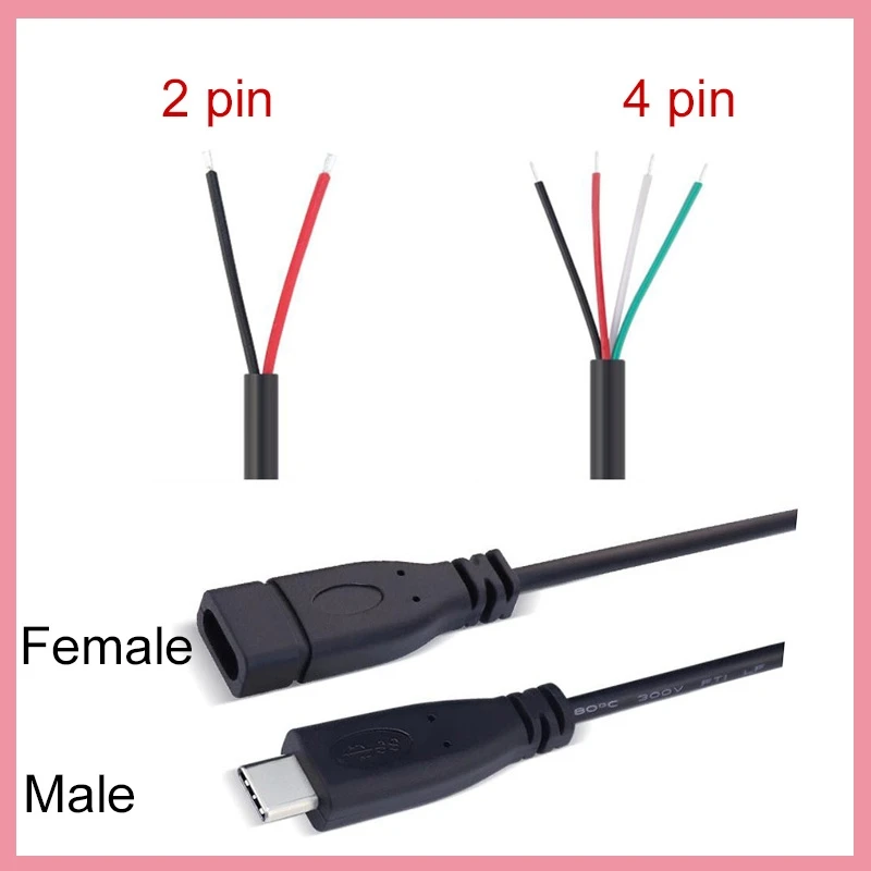 Male to Female 2-pin 4-pin Line Micro USB 2.0 Type-C Charger Wire 2.5mm 3.5mm AUX Mono Connector Power Supply Extension Cable B6