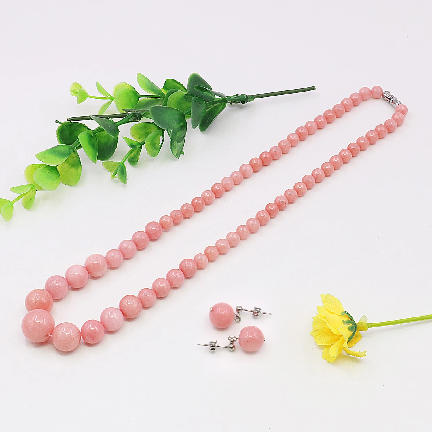 6-14mm Natural Pink Chalcedony Tower Round Bead Necklace/Earring Sets,Gemstone Jewelry Necklace,Rotating Buckle,Combination Gift