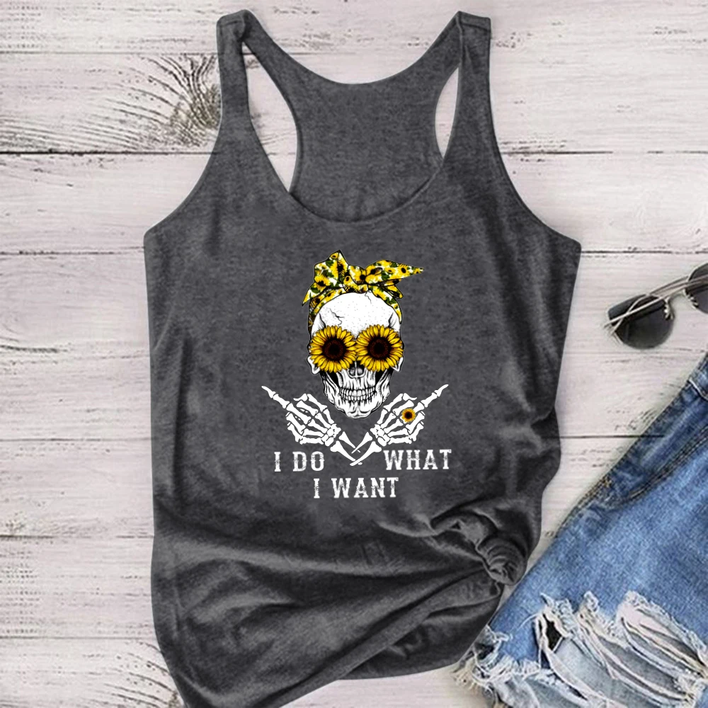 Seeyoushy Funny Women Tank Tops I Do What I Want Sunflower Skull Print Tank Top Harajuku Fashion Vest Camiseta Tirantes Mujer