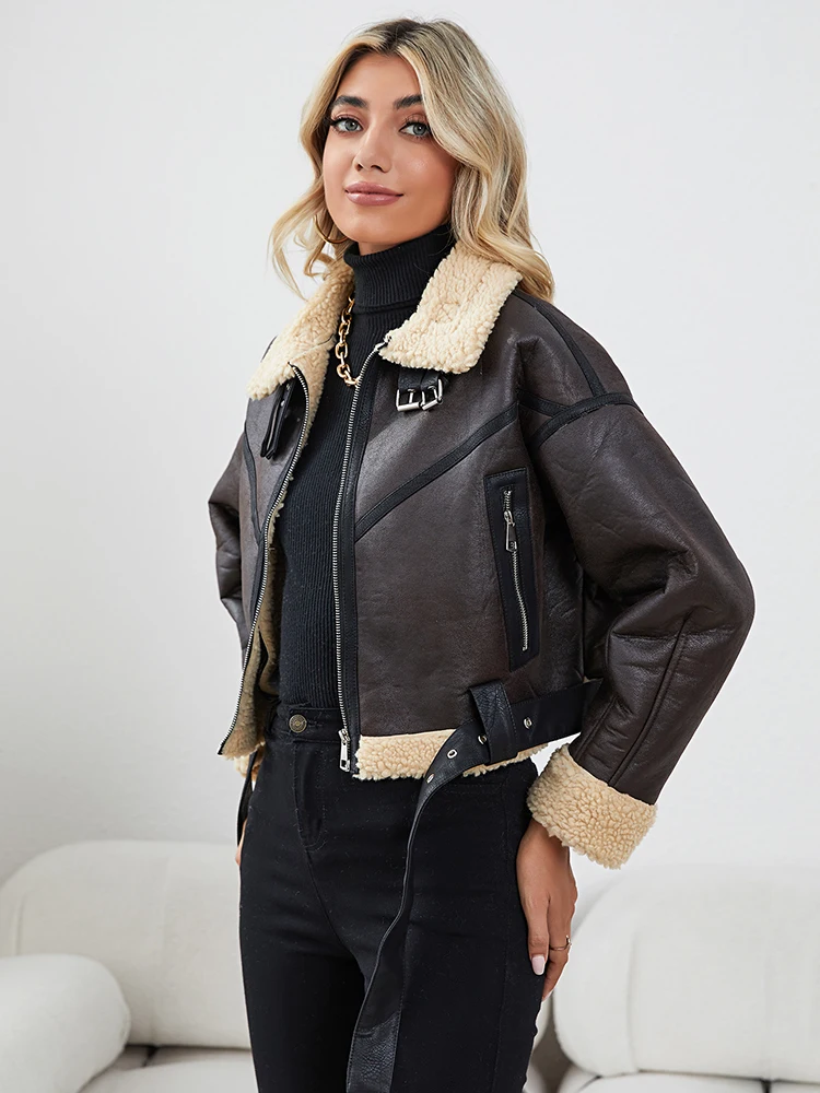 Ailegogo New Autumn Winter Women Faux Lamb Leather Short Jacket with Belt Moto Biker Female Zipper Warm Fur Coat Outwear Tops