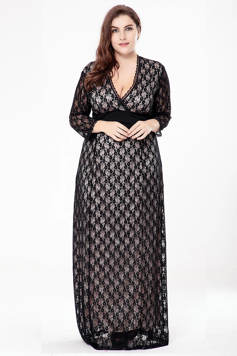 2022 Long Sleeve V Neck Plus Size Maxi Lace Party Evening Dress For Women