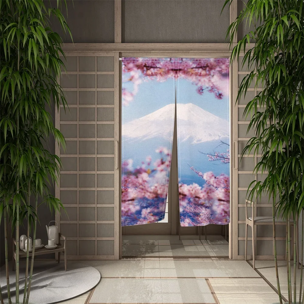 Japanese Style Door Curtain For Living Room Mount Fuji Cherry Blossoms Home Curtain Kitchen Bathroom Privacy Blackout Curtains