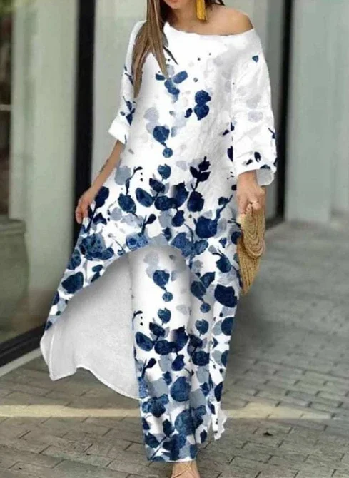 Two Piece Set Women Outfit 2023 Spring Fashion Casual Loose Irregular Print Round Neck Long Sleeve Top & Wide Leg Pants Suit