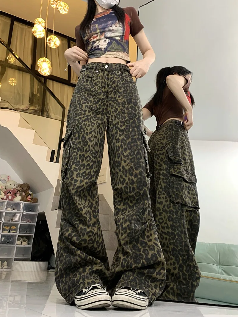 Miiiix 2024 American Fashion Leopard Pattern Women's Summer Work Jeans Straight Loose Retro Wide Leg Pants Female Clothing