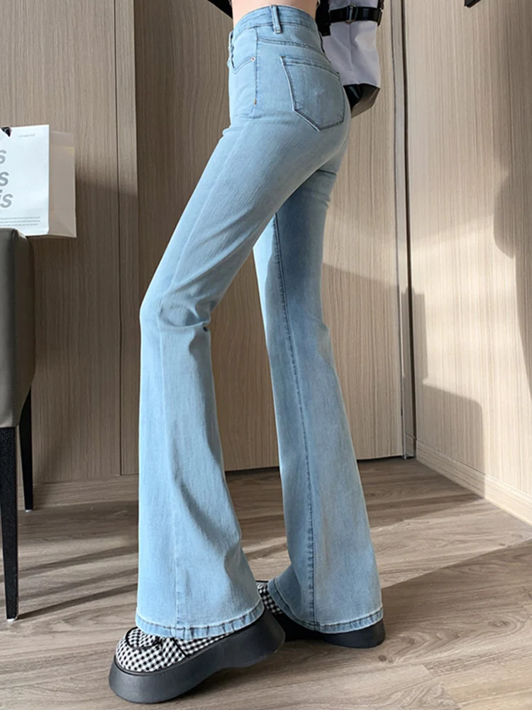 Woman New High Waist Elastic Y2k 2000s Flared Jeans Girls Xshape Boot Cut Pants Lady Retro Blue Black Light Blue Basics Trousers