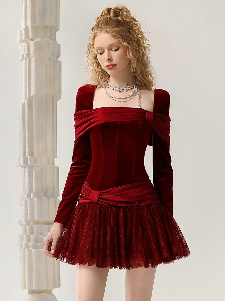 LEOSOXS Hot Sale Velvet Red Dress 2024 Autumn and Winter New Women's Clothing Lace Splicing Waist White Elegant Banquet Dresses