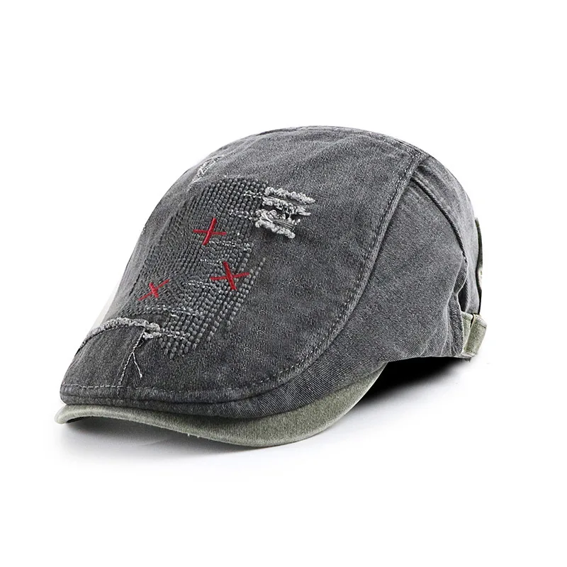 

Stitching Distressed Peaked Cap Ripped Retro Washed Forward Hat Denim Beret Embroidery