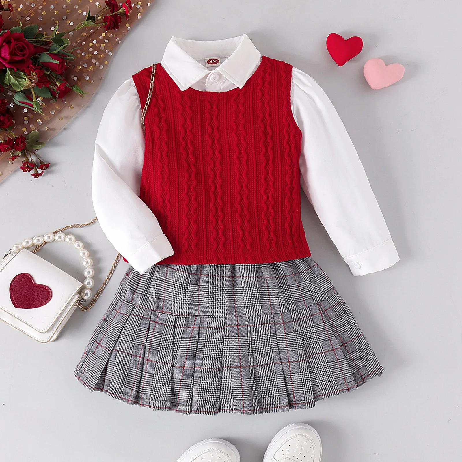 3Y,4Y,5Y,6Y,7Y Kids Girl\'s Clothes Sets Knitted Sleeveless Vest Long Sleeve Shirts Skirts Casual School Kids 2PCS Girl Clothes