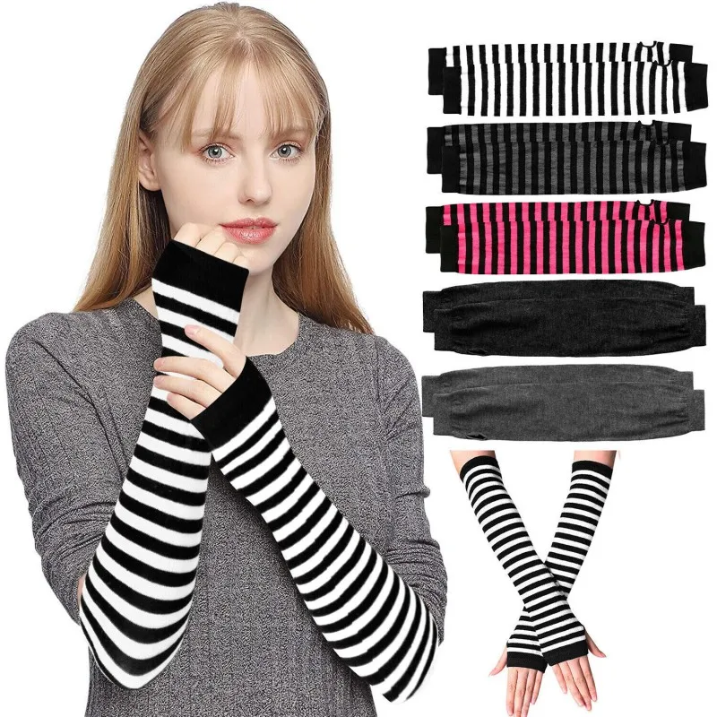 

Women Long Fingerless Gloves Colorful Striped Autumn Winter Arm Sleeves Knitted Elbow Gloves Arm Warmer Half Finger Mittens