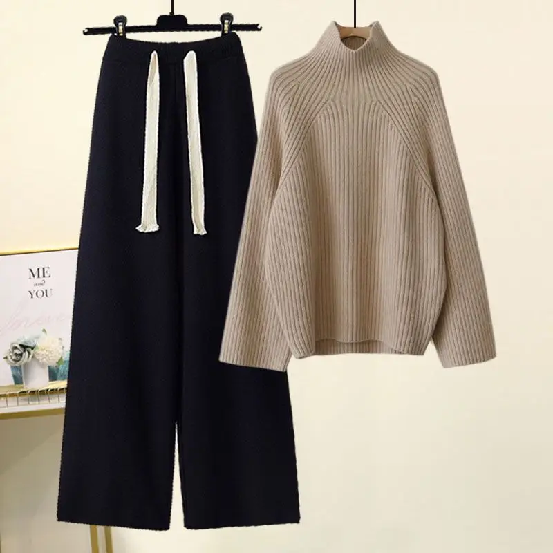 Autumn and Winter Set New Korean High Collar Knitted Sweater Women\'s Slimming and Age Reducing Wide Leg Pants Two Piece Set