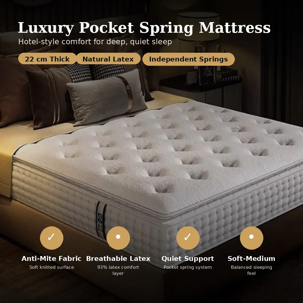 Pocket Spring Mattress 22cm Thick Latex Foam Bed Mat Soft Medium Anti Mite Breathable Hotel Bedroom Bedding