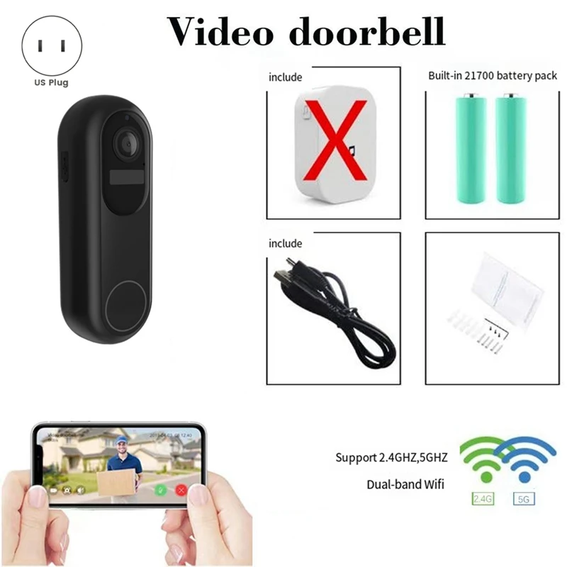 A23F-Tuya Smart Video Doorbell Waterproof Night Vision Home Security FHD Camera Digital Visual Intercom 2.4 Ghz 5Ghz US Plug