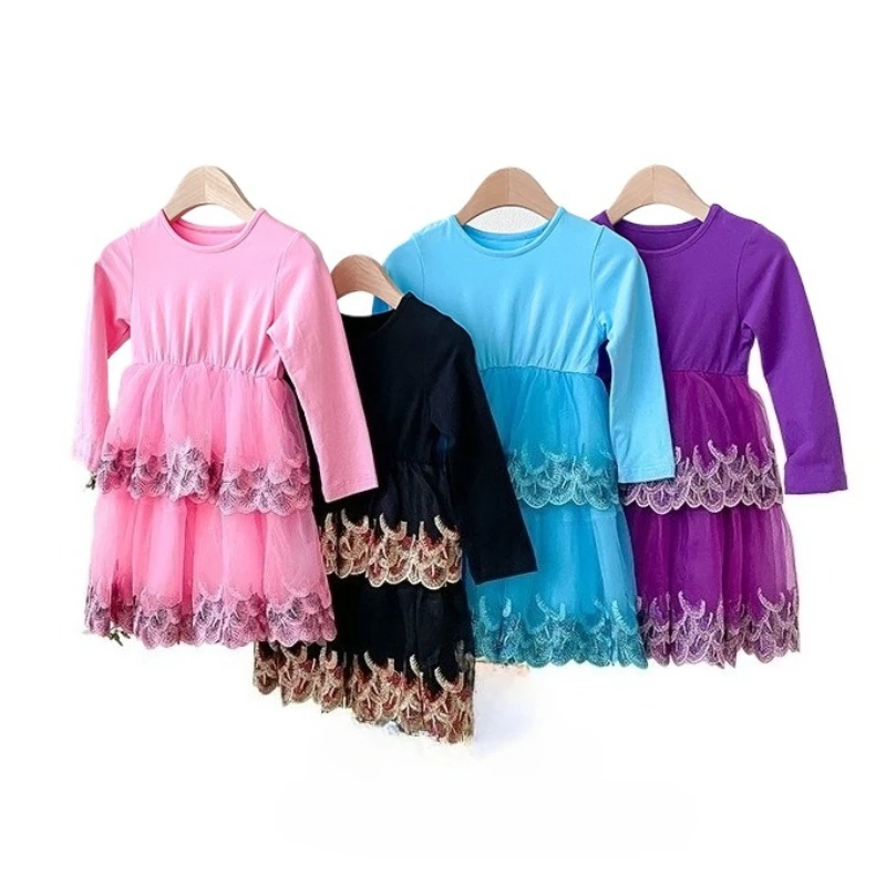 

Three-dimensional Feather Embroidered Mesh Girls Cake Dress Spring and Autumn Long Sleeve Children's Princess Dress