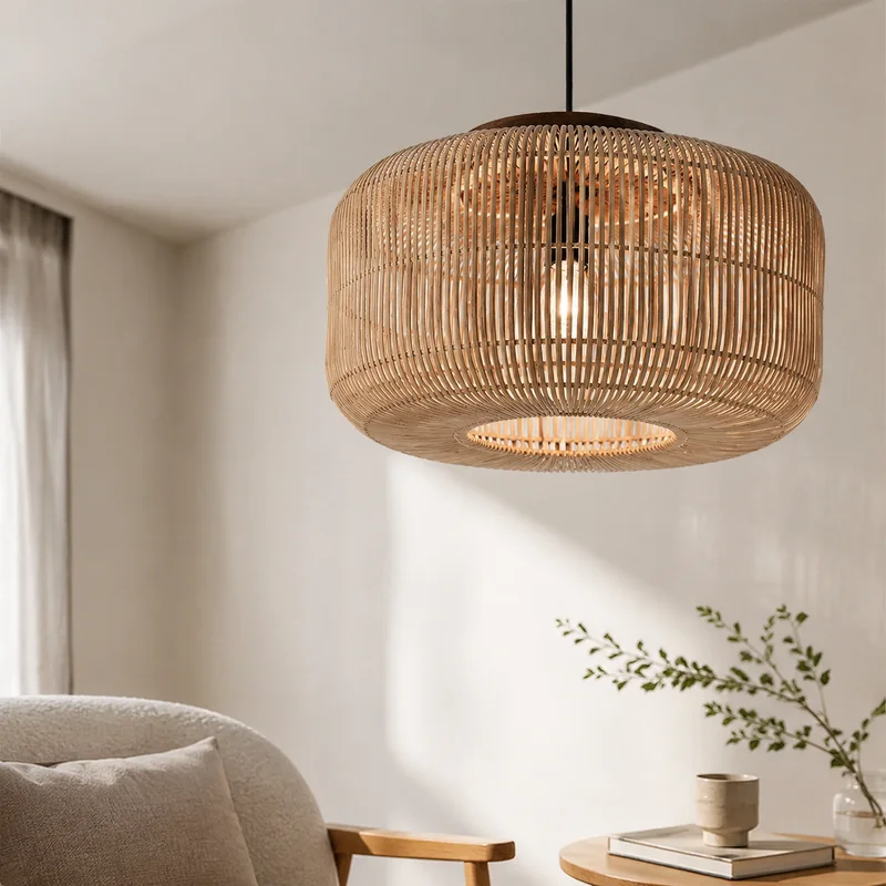 Wabi Sabi Rattan Woven Shade Minimalist Japanese Style Handcrafted Natural Fiber Texture Decor For Living Room Pendant Lamp