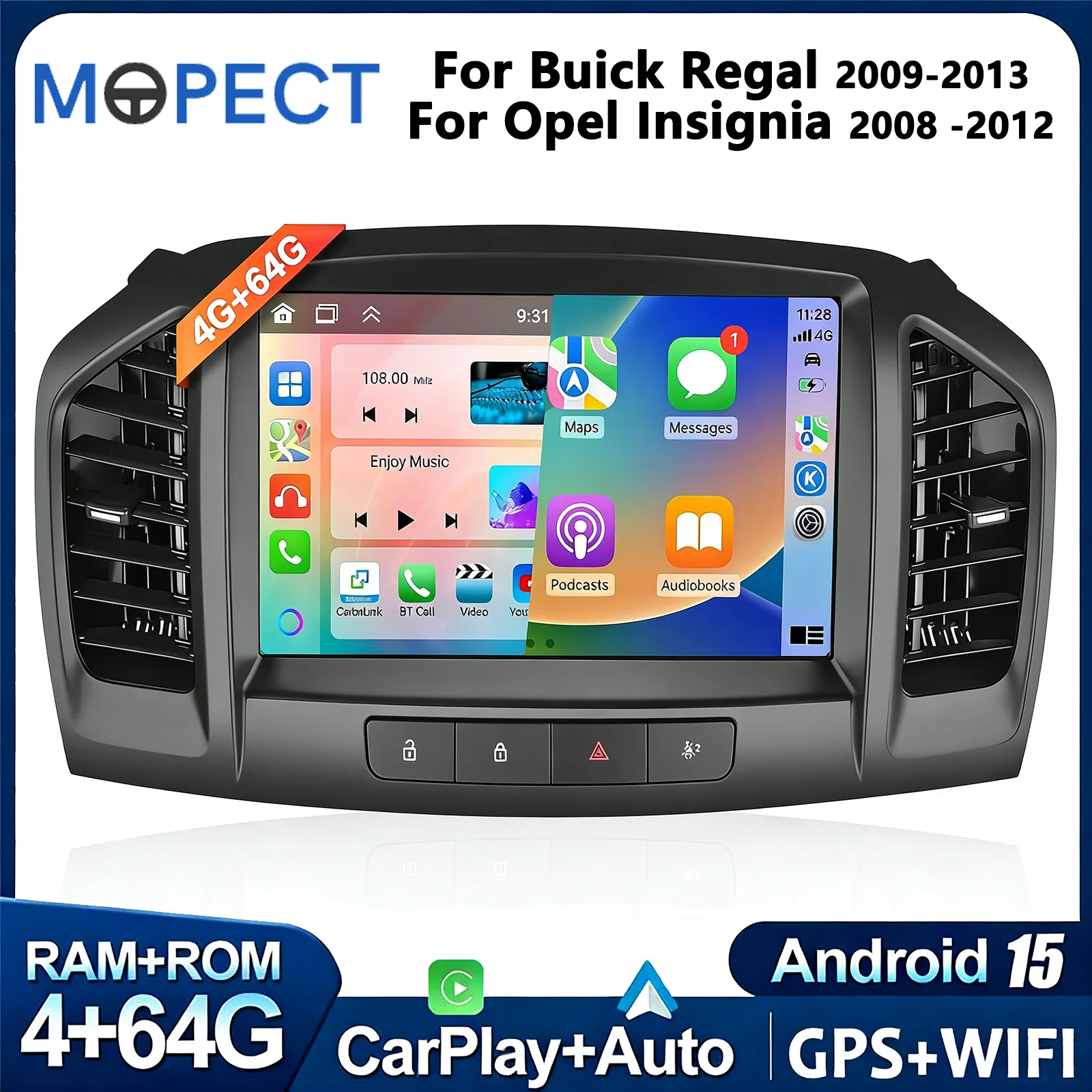 MOPECT Radio Samochodowe Carplay Android 15 Do Opel Insignia 2008 - 2012 Do Buick Regal 2009 - 2013 Nawigacja GPS Stereo Wifi 2din