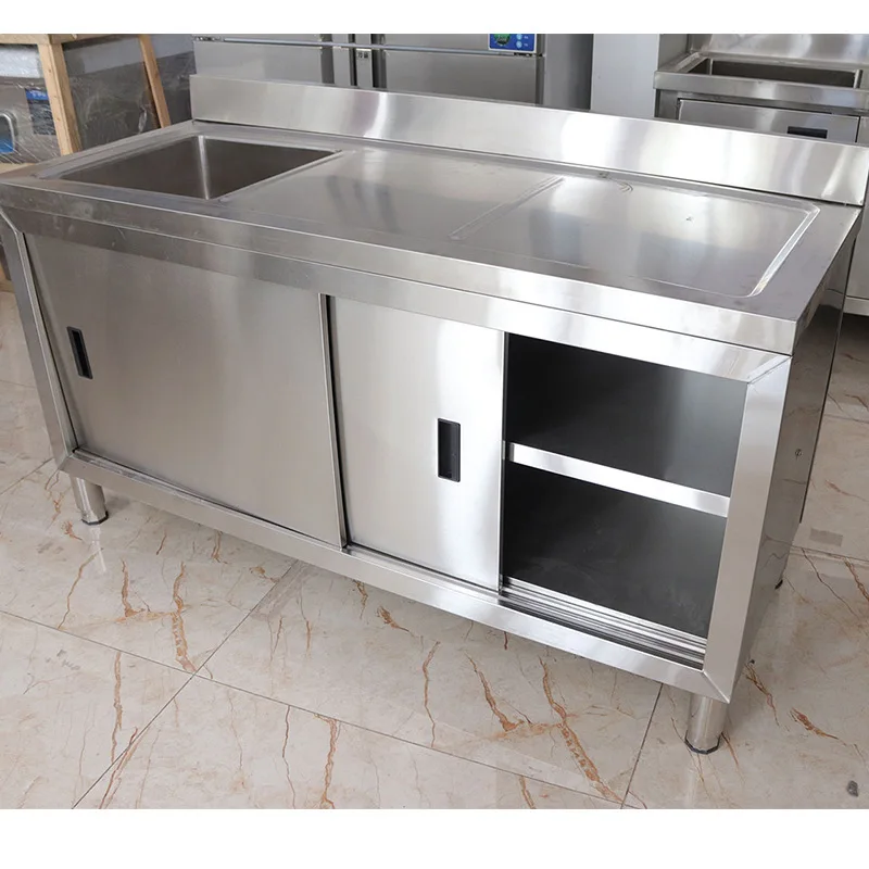 stainless steel sink cabinet Single pool drain locker Hotel sink sliding door Killing fish table Vegetable washing sink cabinet