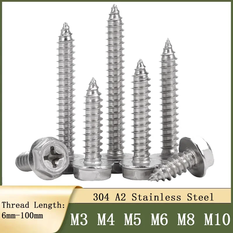 2/3/5/10/20/50pcs 304 Stainless Steel Phillips Cross Hex Flange Head Self Tapping Screws Wood Nail M3 M4 M5 M6 M8 M10