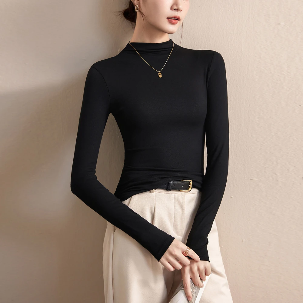 

Solid Half High Collar Elastic Jersey T Shirts Tees Female Blouses Girl Office Lady Long Sleeve Slim Stretch Shirt Tops Women