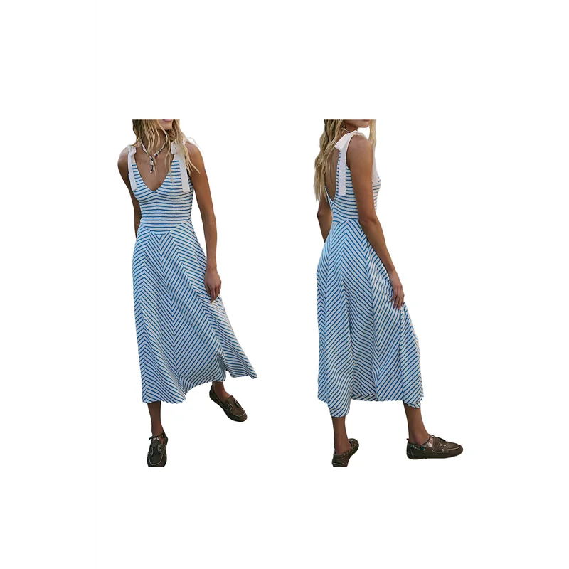 A83F-Donna Casual Estate Smocked Scollo a V Spiaggia a righe Senza maniche Vestito estivo Abito lungo fluido con tasche
