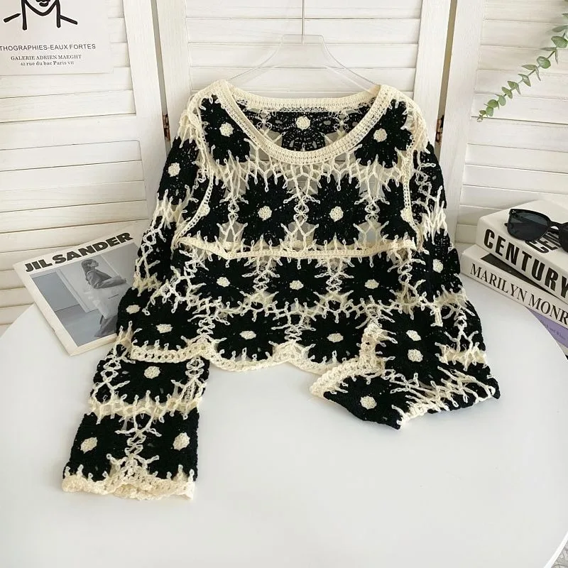 المرأة الصيف سترة طويلة الأكمام الكروشيه الجدة س الرقبة المفتوحة متماسكة المحاصيل سترة أعلى البلوز لاعبا بوهو شاطئ عطلة الزي #3