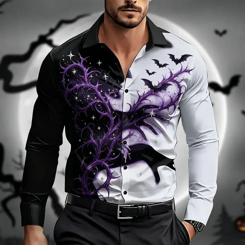 Men's Black White Pumpkin Bat Flame Halloween Print Long Sleeve Shirt Lapel Button Tops For Festival Party Daily Outfit