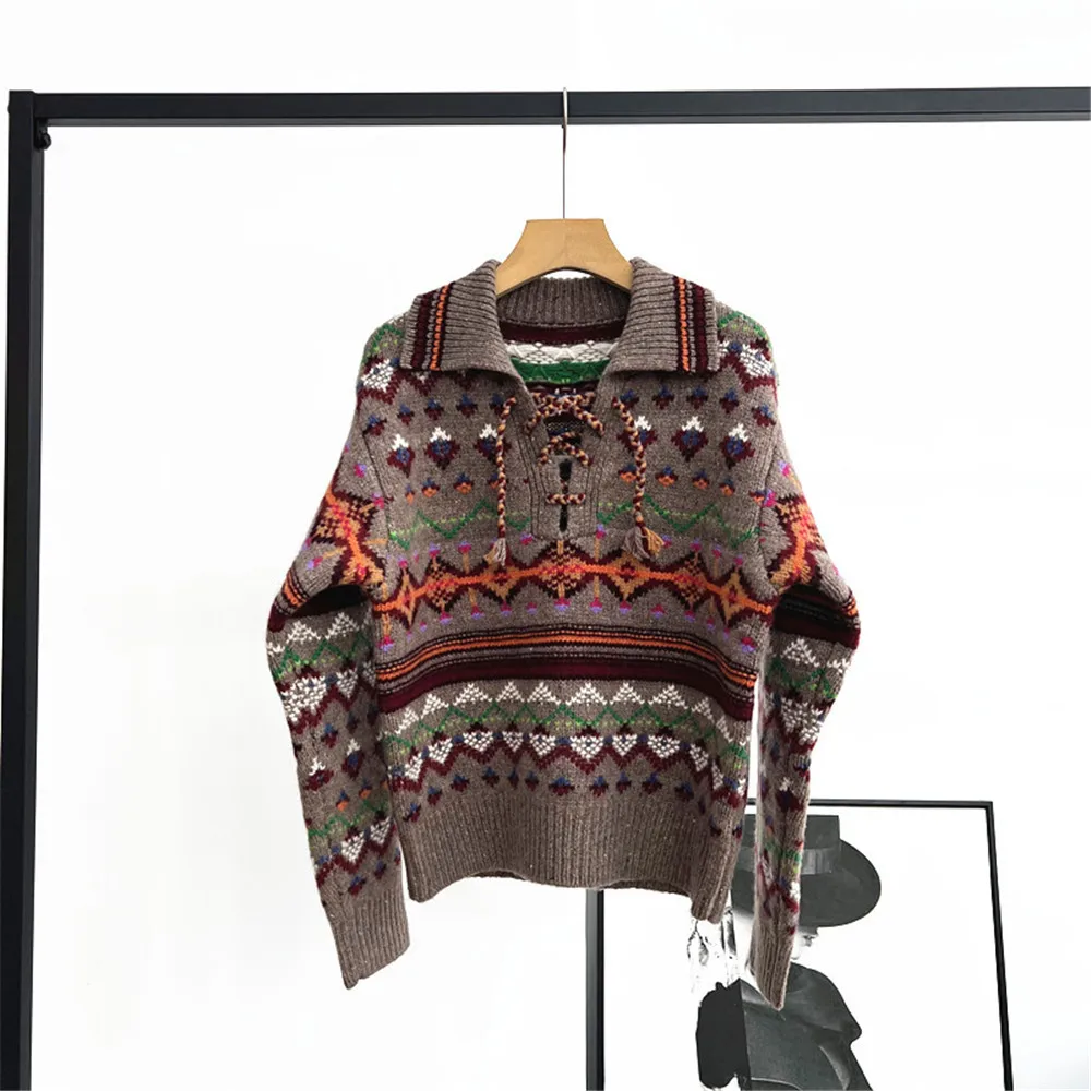 

25. осенне-зимний винтажный женский пуловер с лацканами и завязками, жаккардовый свободный толстый шерстяной вязаный свитер с длинными рукавами и цветными блоками